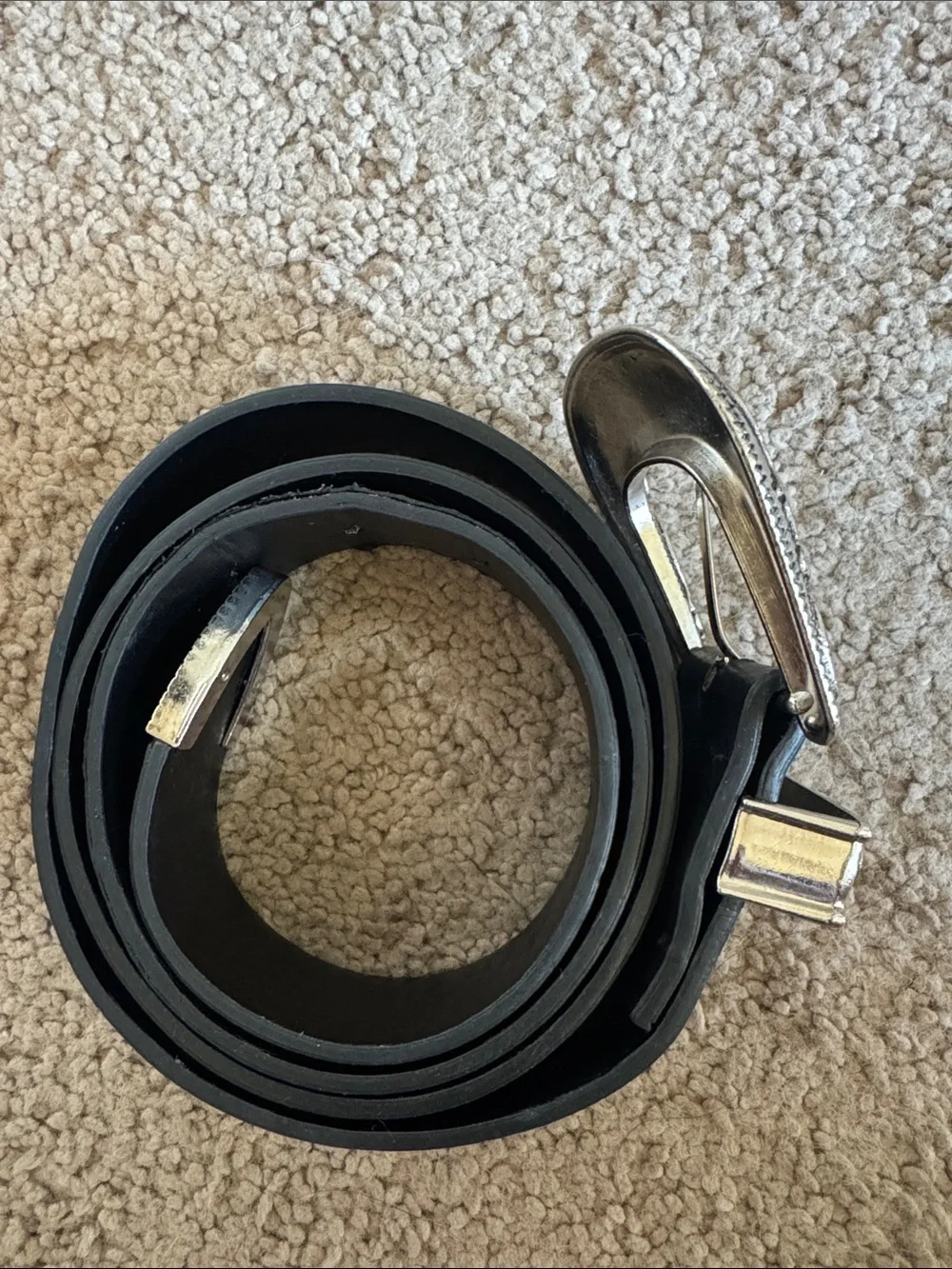 Black Leather Belt with Ornate Silver Buckle